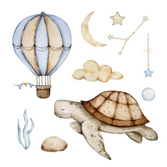Watercolor Turtle and Air Balloon set, dreamy design for decorating banners, invitations and cards