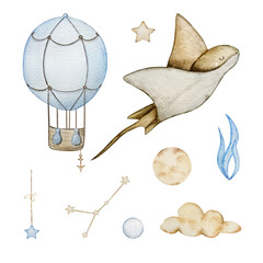 Watercolor Stingray and Air Balloon set, dreamy design for decorating banners, invitations and cards
