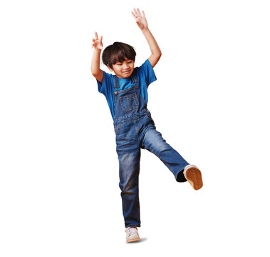 Isolated child, playing and leg or happy and on a transparent png background with smile, stylish outfit and silly behaviour. Hands, energy and fun with casual clothes, active and asian kid jumping