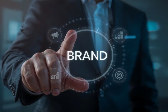 Businessman pointing at digital icons representing business growth and success