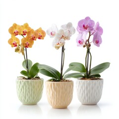 Three colorful orchids in decorative pots, showcasing their elegant beauty and vibrant hues © Ouzhan