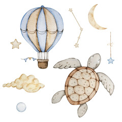 Watercolor Turtle and Air Balloon set, dreamy design for decorating banners, invitations and cards