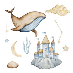 Watercolor Whale and Castle set, dreamy design for decorating banners, invitations and cards