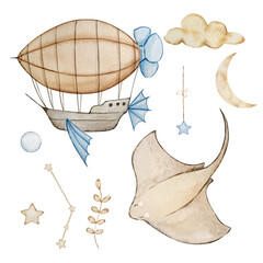 Watercolor Stingray and Air Balloon set, dreamy design for decorating banners, invitations and cards
