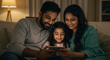 Happy Indian Family Using a Smartphone Together on the Sofa at Home
