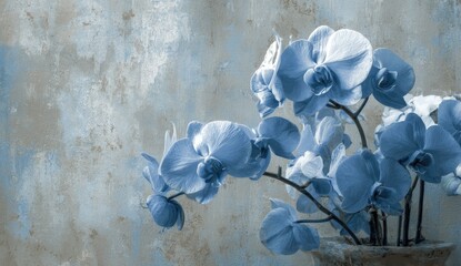 Pastel blue orchids against a textured wall