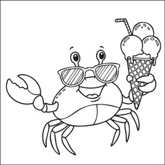 Funny Cartoon Crab with Sunglasses and Ice Cream, Coloring Page