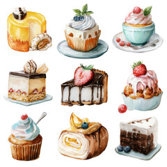 Delicious desserts watercolor collection cakes cupcakes and pastries isolated [Transparent Background PNG].