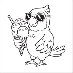 Cool Cartoon Parrot with Sunglasses and Ice Cream, Coloring Page