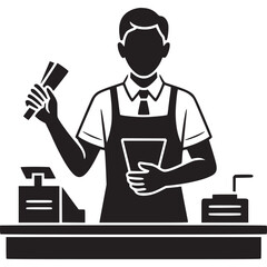 A monochrome silhouette of a worker in an apron behind a counter holding papers and a cash register on transparent background