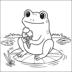 Cute Cartoon Frog on a Lily Pad with Ice Cream, Coloring Page