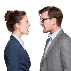 A couple engages in a heated argument, expressing anger and frustration. Their faces are contorted with emotion as they exchange words