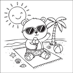 Cartoon Bear on the Beach with Ice Cream, Summer Coloring Page