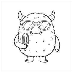 Cute and fluffy monster wearing sunglasses and ice cream, vector coloring page