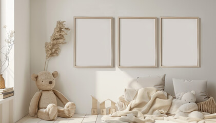 Mockup of three frames on the wall in a children's room in neutral colors, cute interior.