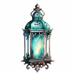 Turquoise Antique oil lantern, watercolor illustration, vintage lamp, glowing light.