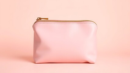 A pink cosmetic pouch with a gold zipper on a clean pastel background.