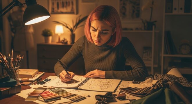 Focused Fashion Designer with Pink Hair Sketches Clothing Designs in a Notebook Under Warm Lamp Light, Surrounded by Fabric Swatches and Design Tools
