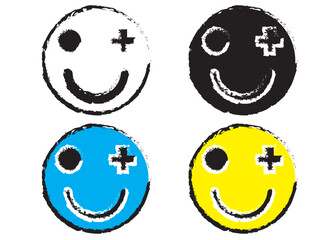 Grunge CMYK Smiley Face Icons – Rough Textured Pop Art Design with Playful Expression