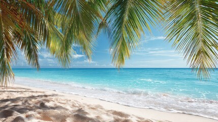 Soft waves gently lap against the golden sand under a vibrant blue sky. Palm trees provide shade, enhancing the peaceful atmosphere of this coastal paradise