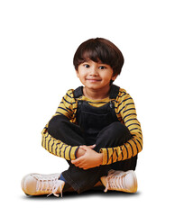 Portrait, fashion and a cute indian kid isolated on a transparent background for children fashion. Smile, innocent and adorable with a young boy sitting on PNG in an clothes outfit for youth style