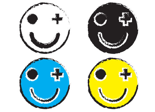 Grunge CMYK Smiley Face Icons &ndash; Rough Textured Pop Art Design with Playful Expression