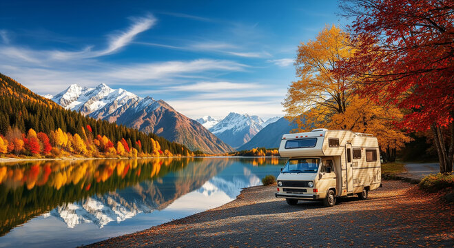 Old camper van is parked on a scenic shore next to a calm, dark blue lake. AI-Generated
