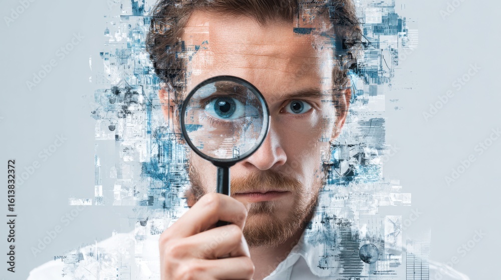 Wall mural a researcher is intently examining an array of digital data using a magnifying glass. the modern wor