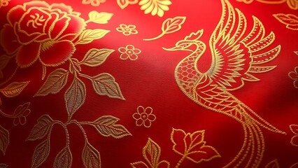 Intricate red and gold silk embroidery featuring peony and phoenix motifs, radiating luxurious tradition.
