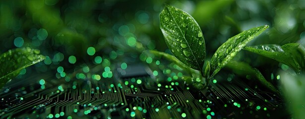 Fresh green leaves on a circuit board