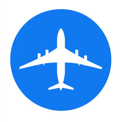 a blue circle with a white airplane inside isolated on white background. 