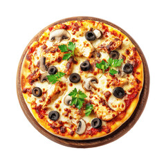 Delicious pizza with chicken, mushrooms, and black olives on transparent background