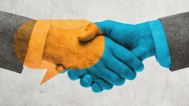 Two hands shake firmly, signifying a business partnership. The background features abstract speech bubbles, emphasizing communication and collaboration in the workplace
