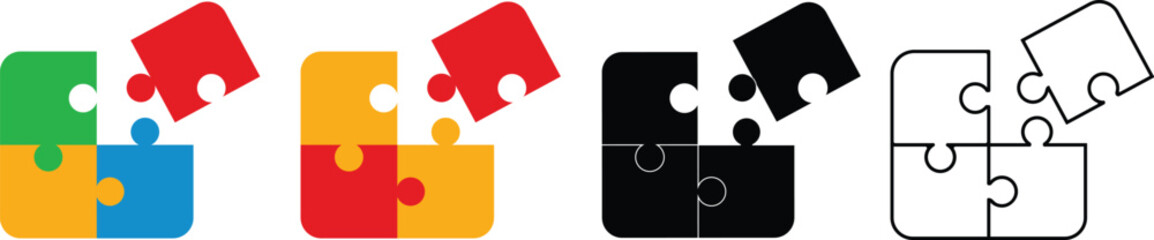 Puzzle Piece Evolution Icon – Multistage Set Showing Color, Grayscale, Black, and Outline Variations for Conceptual Problem Solving, Strategy or Process Visualization