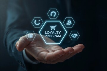 Businessman holding a holographic interface showcasing a loyalty program concept with icons for rewards and customer engagement.