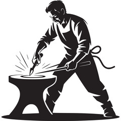 A blacksmith working on metal at an anvil with sparks flying in a black and white illustration on transparent background