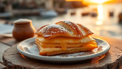 Golden honey-glazed pastizzi on ceramic plate, powdered sugar dusting, flaky layers in warm sunset light.