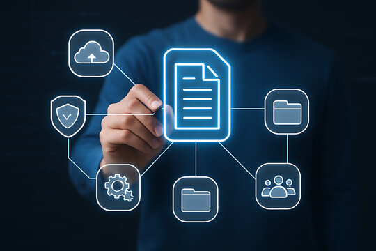 Digital document management interface showing secure cloud storage and folder sharing technology on futuristic screen for efficient data handling and business operations