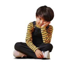 Boy child, bored and hand on face sitting with tired, rest or depressed gesture on a png transparent background. Portrait, person and kid with relax, sad or disappointed expression for mental health
