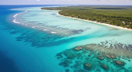 Obraz premium Serene Tropical Island Paradise Featuring Turquoise Waters, Lush Green Forest, and White Sandy Beaches in a Remote Location