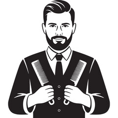 Man in suit holding combs with beard and styled hair in black and white vector illustration style on transparent background