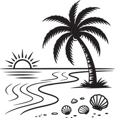 Fototapeta premium Tropical Beach Vector Line Icons – Palm Tree and Ocean Scene Illustrations