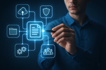 Hand using digital document management system interface with cloud upload secure storage and teamwork collaboration features on futuristic display for business data control