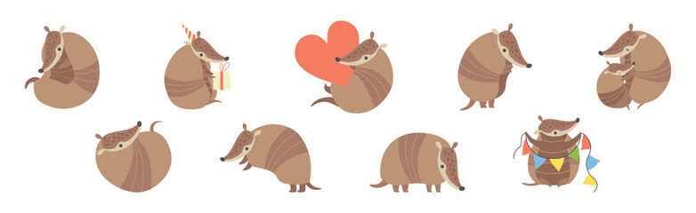 Adorable Armadillos Pleistocene Animal Character in Various Poses Vector Set