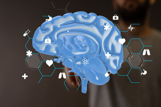 3D model of human brain with medical icons.  Perfect for healthcare, medicine, and technology concepts.