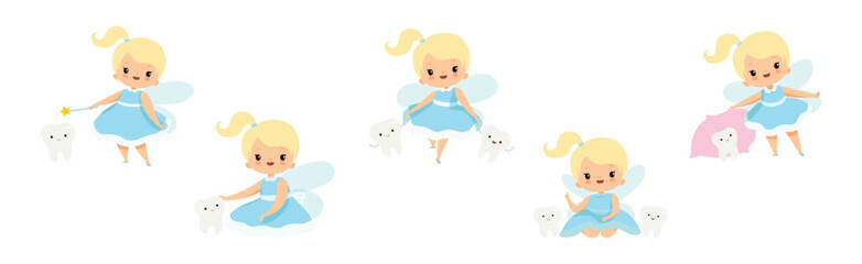 Tooth Fairy Blond Little Girl In Blue Dress with Wings And Baby Teeth Vector Set