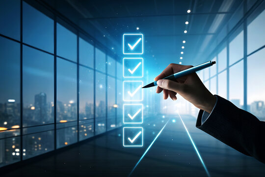Hand checking off list items on glowing digital interface