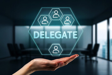 Hand holding delegate concept with people icons delegation