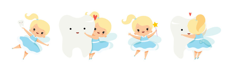Tooth Fairy Blond Little Girl In Blue Dress with Wings And Baby Teeth Vector Set