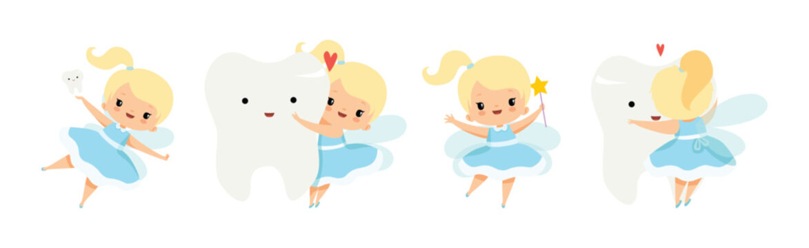 Tooth Fairy Blond Little Girl In Blue Dress with Wings And Baby Teeth Vector Set